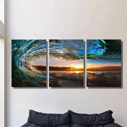 3pcs Huge Wave Tides And Sunset Landscape Wall Art Set Canvas Unframed - High Quality Print 100% Australian Made Wall Canvas