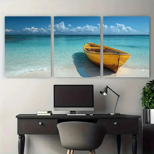 3pcs Paper Beach Shore Boat Wall Art Canvas Unframed – High Quality Print 100% Australian Made Wall Canvas