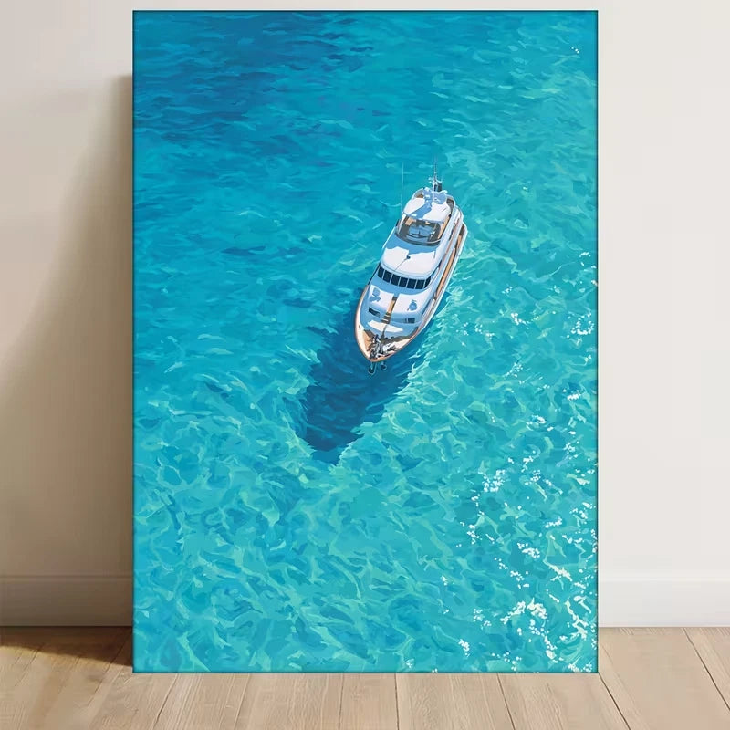 Ocean Nautical Painting with White Boat on Blue Waters Metal Print Ready to Hang