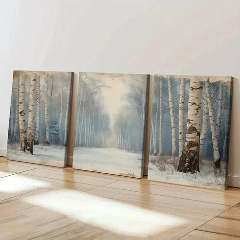 3pcs Winter Forest Birch Trees Snowy Path Wall Art Canvas Unframed - High Quality Print 100% Australian Made Wall Canvas