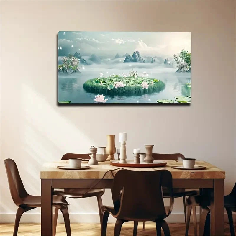 Serene Water Lily Island Wall Art Canvas Office Home Room Framed 120x60cm