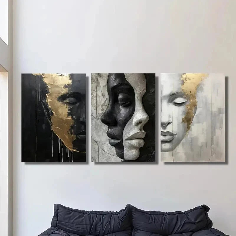 3pcs Black Golden White Abstract Face Metal Print Ready to Hang Art - Bella Home Decor