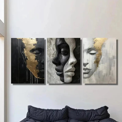 3pcs Black Golden White Abstract Face Metal Print Ready to Hang Art - Bella Home Decor