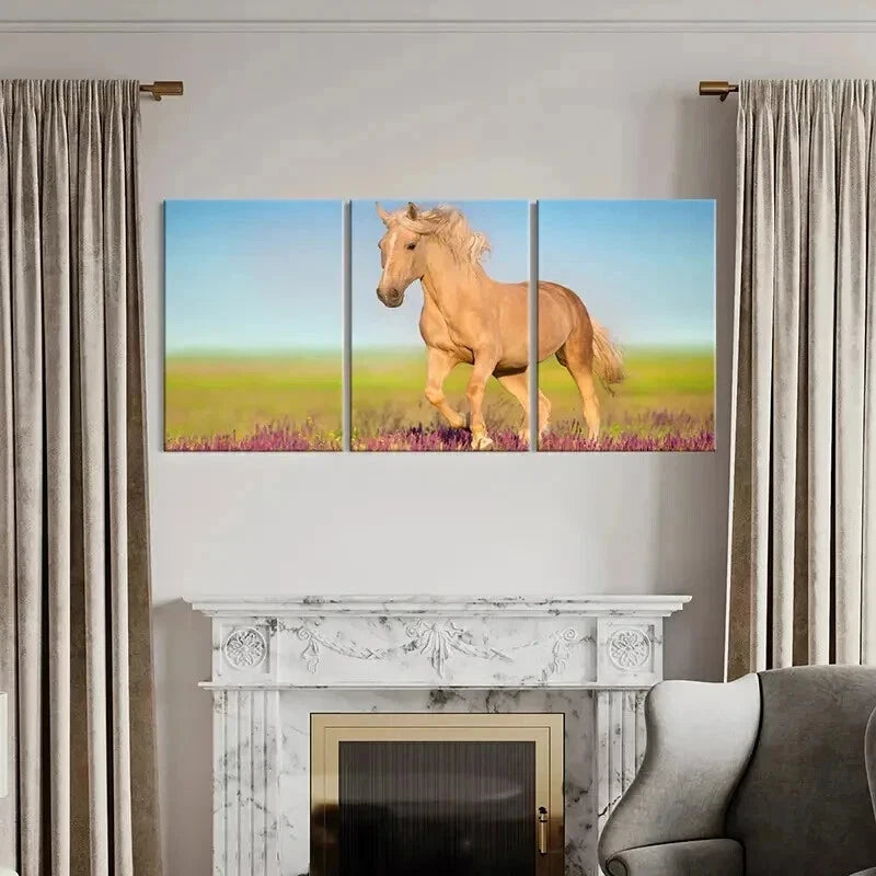 3pcs Meadow Running Horses & Lavender Flowers Wall Art Set Canvas Framed 40x60cm - High Quality Print 100% Australian Made Wall Canvas Ready to Hang - Bella Home Decor