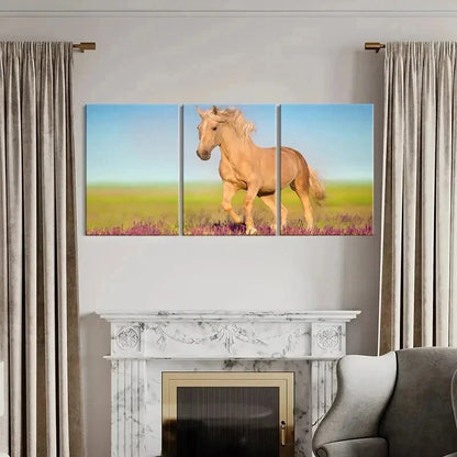 3pcs Meadow Running Horses & Lavender Flowers Wall Art Set Canvas Framed 40x60cm - High Quality Print 100% Australian Made Wall Canvas Ready to Hang - Bella Home Decor