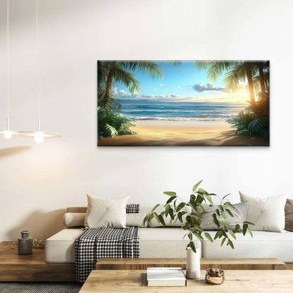 Tropical Beach Sunrise Wall Art Canvas Office Home Room Framed 120x60cm