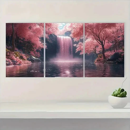 3pcs Pink Waterfall Waterfall & Lush TY Wall Art Set Canvas Unframed - High Quality Print 100% Australian Made Wall Canvas - Bella Home Decor