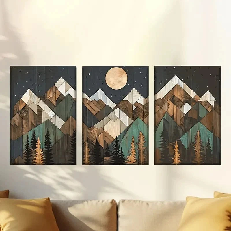 3pcs wooden mountains with pine trees Wall Art Set Canvas Framed 40x60cm - High Quality Print 100% Australian Made Wall Canvas Ready to Hang - Bella Home Decor