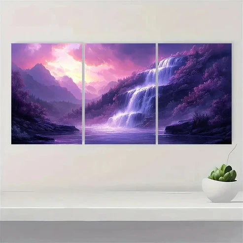 3pcs Purple Waterfall Prints FG Wall Art Set Canvas Unframed - High Quality Print 100% Australian Made Wall Canvas - Bella Home Decor