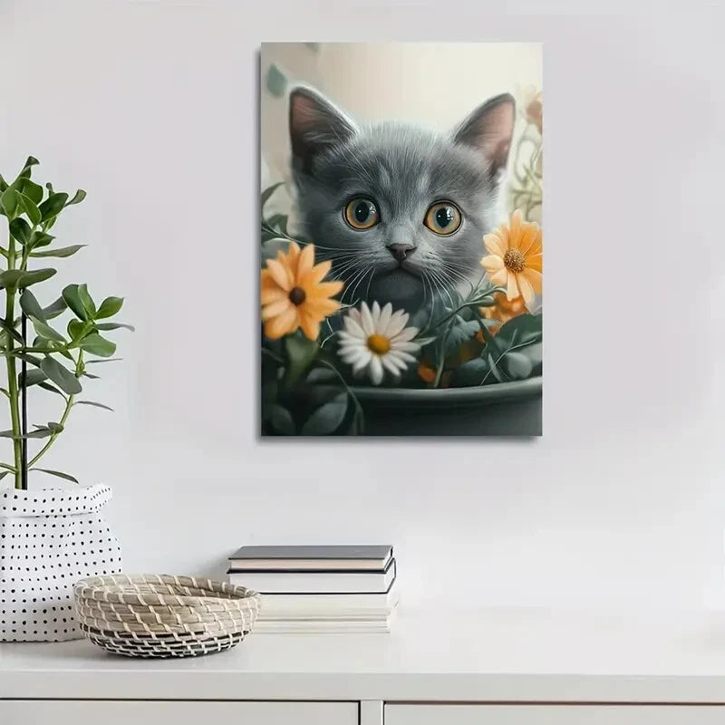 Adorable Russian Blue Kitten with Yellow Painting 40x60cm Metal Print Ready to Hang - Bella Home Decor