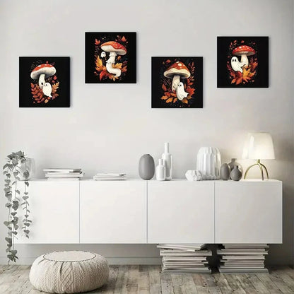 4pcs Cute Mushroom & Autumn LeavesWall Art Canvas Framed