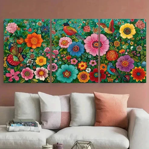 3pcs Colorful Floral Bird Peruvian Folk Perfect Wall Art Set Canvas Framed 40x60cm - High Quality Print 100% Australian Made Wall Canvas Ready to Hang - Bella Home Decor