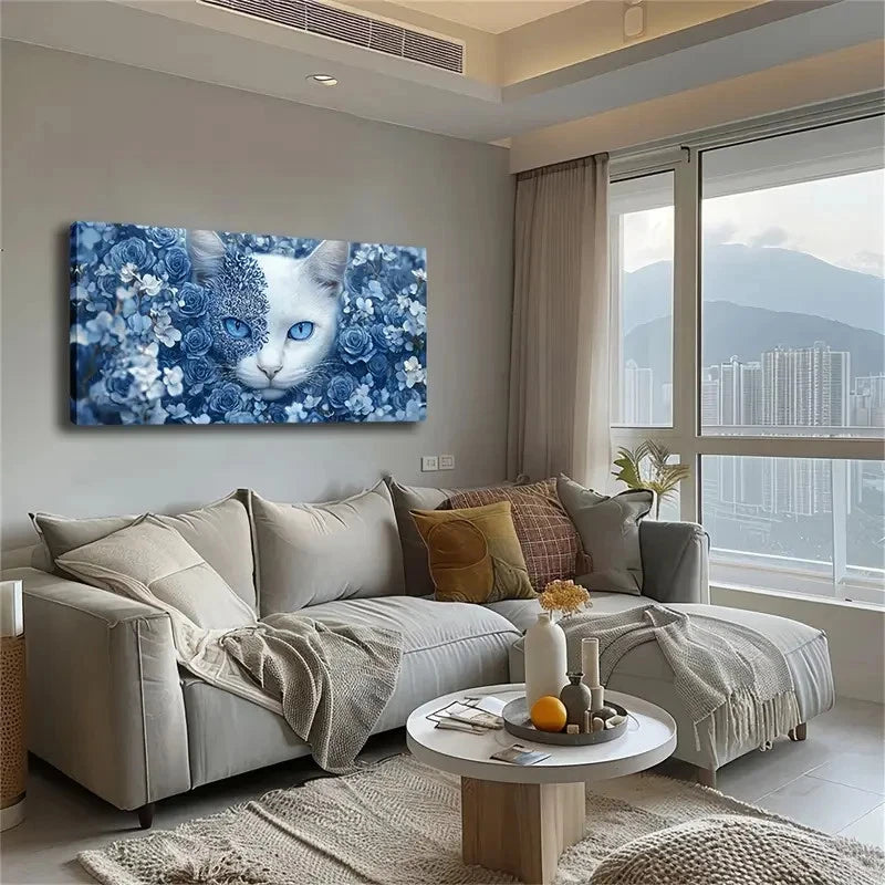 Blue-Eyed White Cat Blue Wall Art Canvas Office Home Room Framed 120x60cm