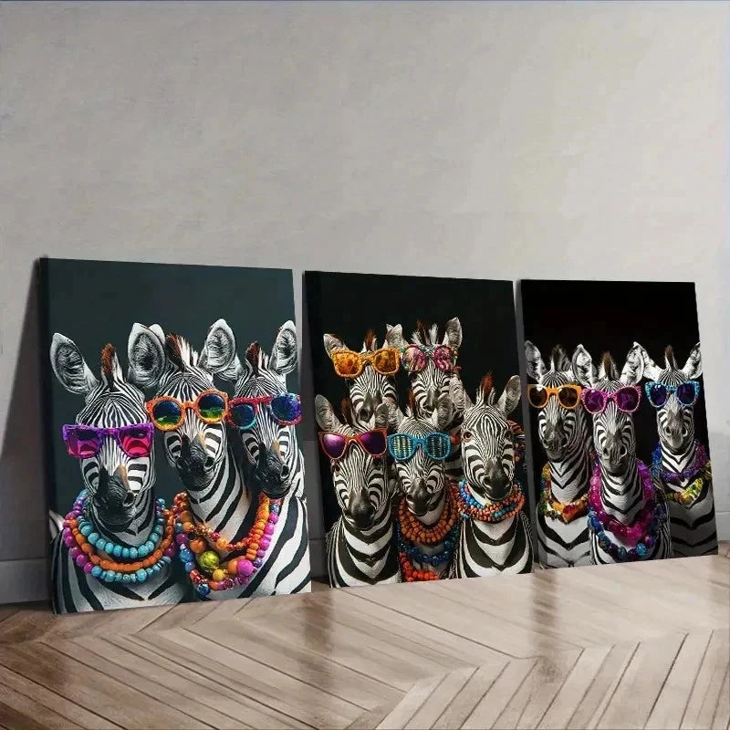 3pcs Group of Zebras with Colorful Glasses Wall Art Set Canvas Framed 40x60cm - High Quality Print 100% Australian Made Wall Canvas Ready to Hang