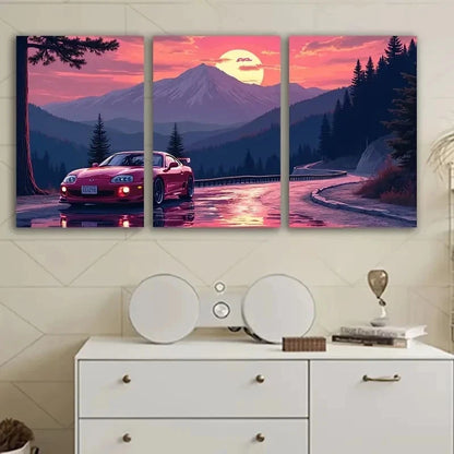 3pcs Red Sports Car On Mountain Road Wall Art Set Canvas Framed 40x60cm - High Quality Print 100% Australian Made Wall Canvas Ready to Hang