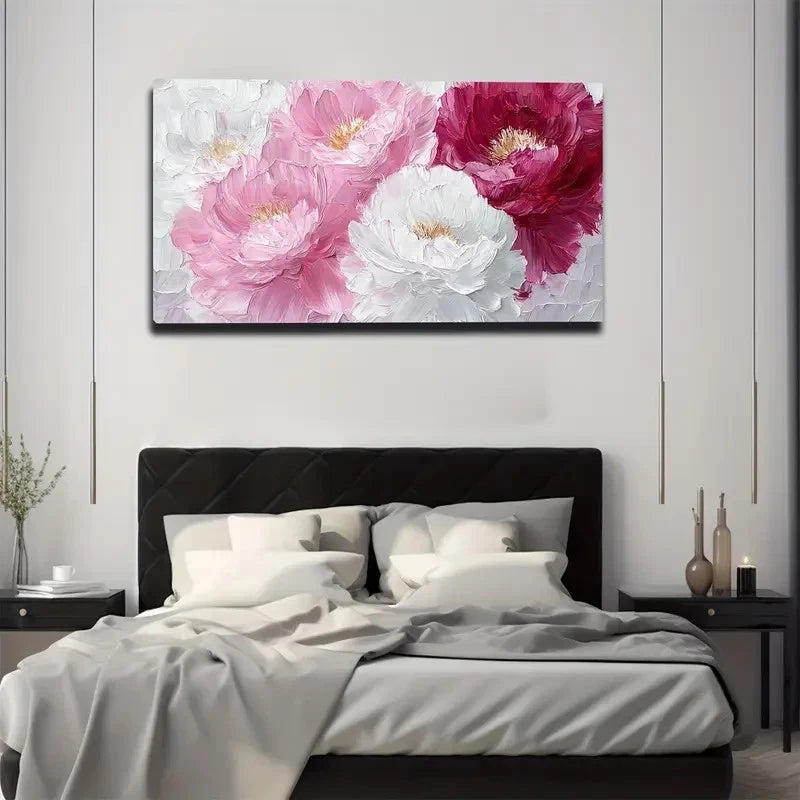 Floral painting above a bed in a bedroom setting