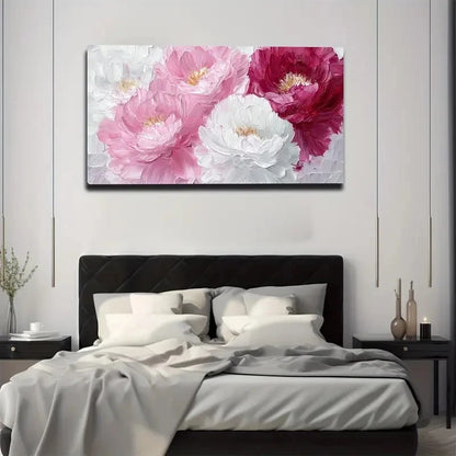 Floral painting above a bed in a bedroom setting