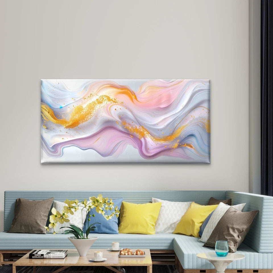 White And Gold Swirling Abstrac Wall Art Canvas Office Home Room Framed 120x60cm - Bella Home Decor