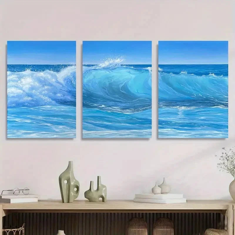 3pcs Blue Seascape Beach Paintings Metal Print Ready to Hang Art - Bella Home Decor