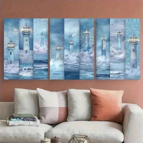 3pcs Enchanted Blue Lighthouses Wall Art Canvas Unframed - High Quality Print 100% Australian Made Wall Canvas