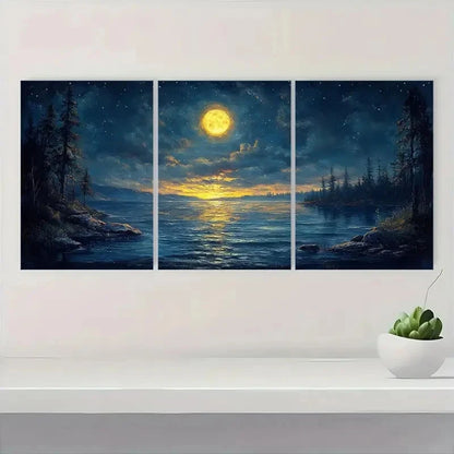 3pcs Moonlit Waters and Starry Sky Metal Print Ready to Hang Art - Bella Home Decor