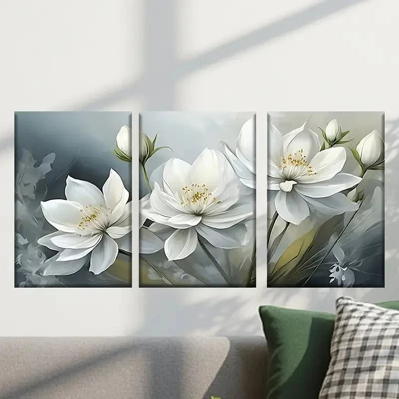 3pcs Beautiful Painting of White Flowers  Wall Art Set Canvas Framed 60x90cm - High Quality Print 100% Australian Made Wall Canvas Ready to Hang