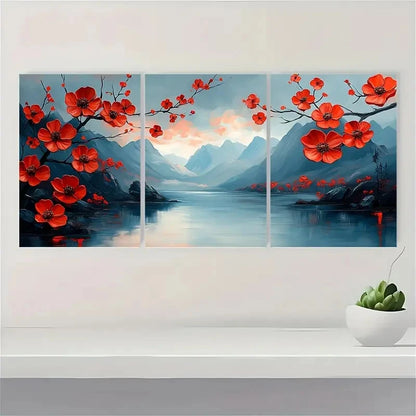 3pcs Abstract Red Flower   Mountain  KL  Wall Art Set Canvas Framed 60x90cm - High Quality Print 100% Australian Made Wall Canvas Ready to Hang - Bella Home Decor