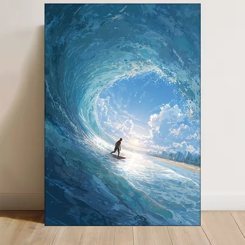Ocean Wave Scene with Surfer Riding a Wave Metal Print Ready to Hang