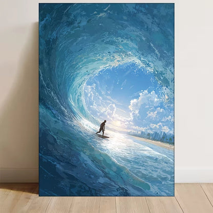 Ocean Wave Scene with Surfer Riding a Wave Metal Print Ready to Hang