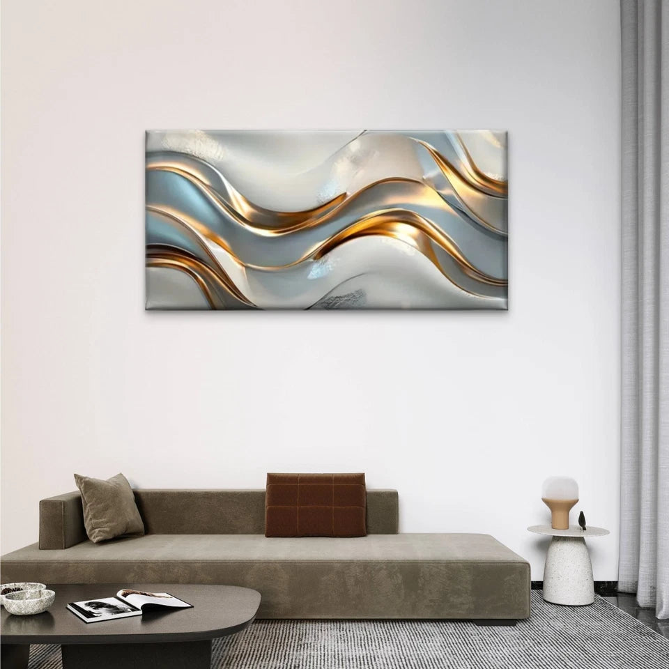 Gold Silvery Swirl Abstract Wall Art Canvas Office Home Room Framed 120x60cm
