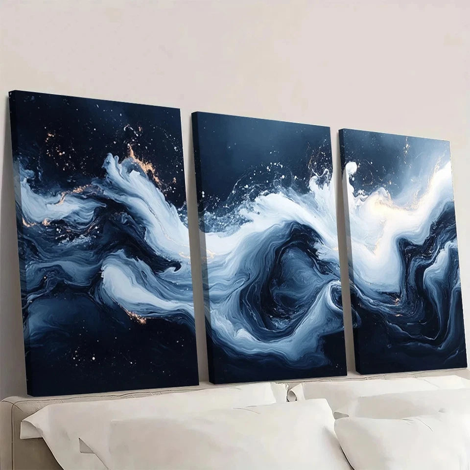 3pcs Swirling Liquid Shapes Blue & White  Wall Art Set Canvas Framed 60x90cm - High Quality Print 100% Australian Made Wall Canvas Ready to Hang