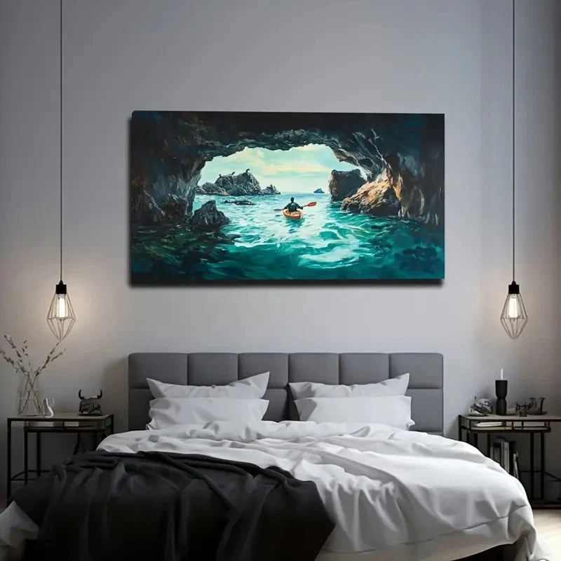 Kayaking Adventure Turquoise Wall Art Canvas Office Home Room Framed 120x60cm