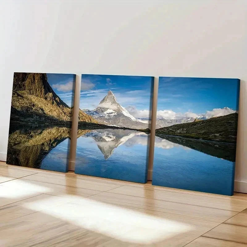 3pcs Lake Snowy Mountains Modern Landscape Wall Art Set Canvas Framed 60x90cm - High Quality Print 100% Australian Made Wall Canvas Ready to Hang