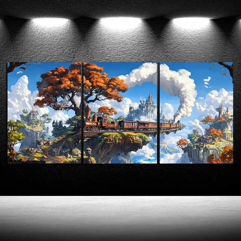3pcs Freight Train Big Trees White Clouds Metal Print Ready to Hang Art - Bella Home Decor