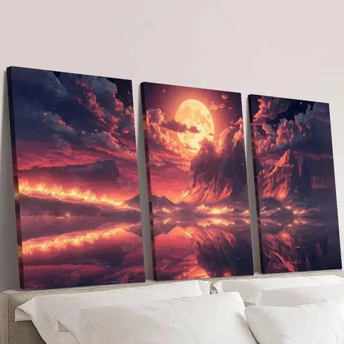 3pcs Dreamy Red Moon Sky Scenery Wall  Art Set Canvas Unframed - High Quality Print 100% Australian Made Wall Canvas - Bella Home Decor