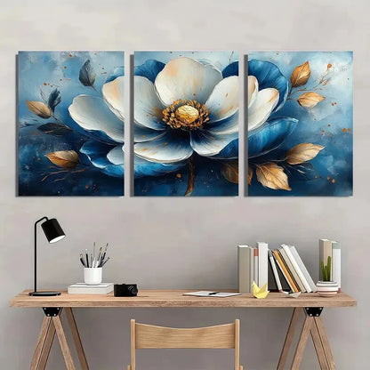 3pcs Modern Floral Vibrant Blue White Golden Metal Print Ready to Hang Art - Bella Home Decor