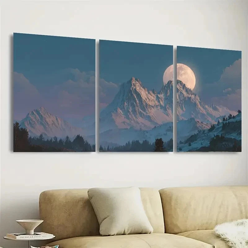 3pcs Mythical Mountains Fantasy Art, Full Moon Wall Art Set Canvas Framed 50x70cm - High Quality Print 100% Australian Made Wall Canvas Ready to Hang