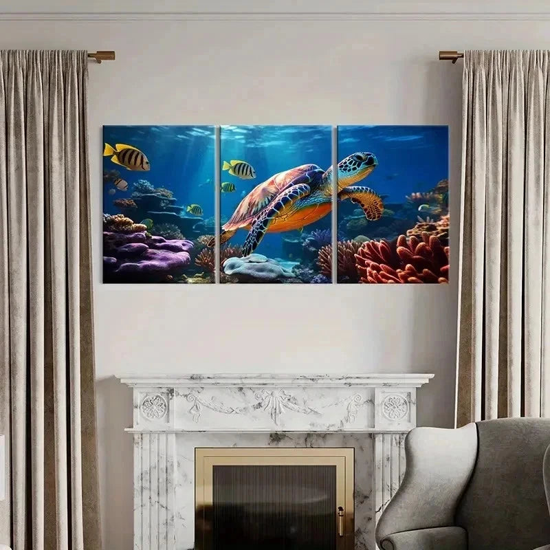 3pcs Marine Life Art Sea Turtle Fish Wall Art Set Canvas Framed 60x90cm - High Quality Print 100% Australian Made Wall Canvas Ready to Hang
