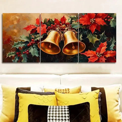3pcs Golden Bell & Holly Christmas Decorations Wall Art Canvas Unframed - High Quality Print 100% Australian Made Wall Canvas - Bella Home Decor
