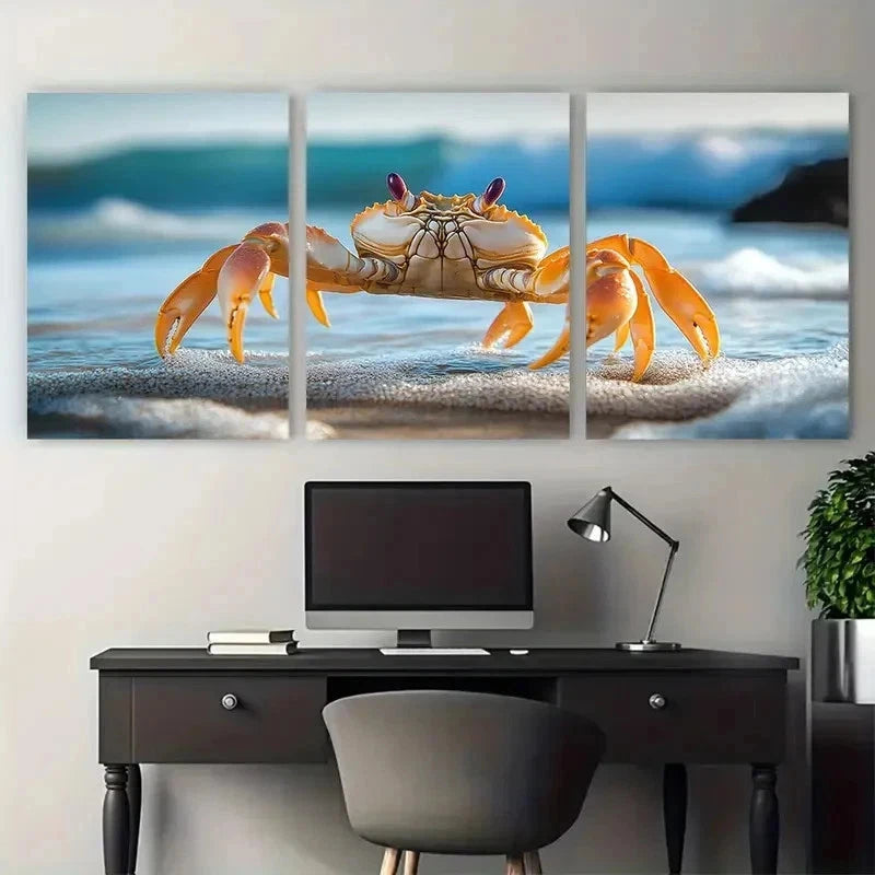 3pcs  Adorable Crab Beach Decor Perfect Wall Art Set Canvas Framed 50x70cm - High Quality Print 100% Australian Made Wall Canvas Ready to Hang - Bella Home Decor