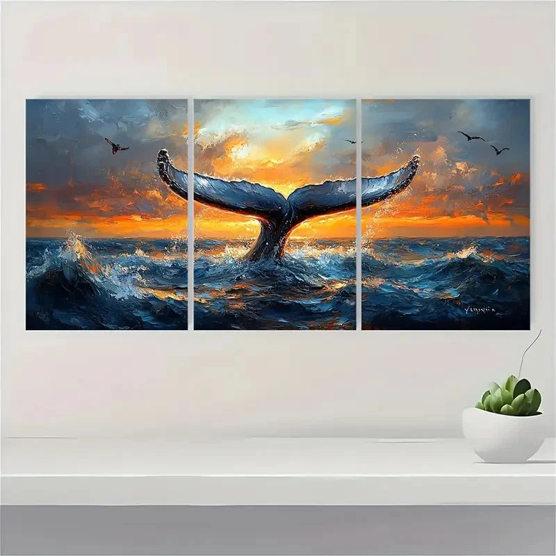3pcs Whale Tail Original Art Animal Art AW     Wall Art Set Canvas Framed 50x70cm - High Quality Print 100% Australian Made Wall Canvas Ready to Hang