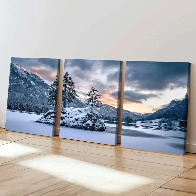 3pcs Snow Mountains Ice Lake & Trees Wall Art Set Canvas Framed 50x70cm - High Quality Print 100% Australian Made Wall Canvas Ready to Hang - Bella Home Decor