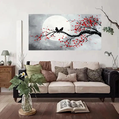 Cherry Blossom Branch Full Moon Wall Art Canvas Office Home Room Framed 120x60cm