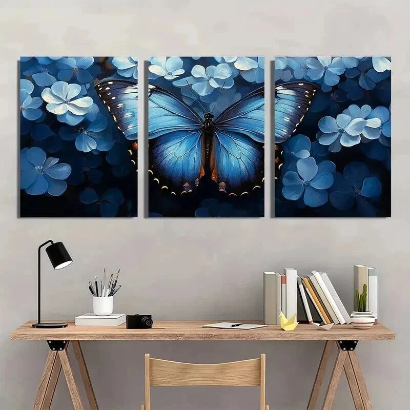 3pcs Vibrant Blue Floral And Butterfly Design Wall Art Set Canvas Framed 50x70cm - High Quality Print 100% Australian Made Wall Canvas Ready to Hang - Bella Home Decor