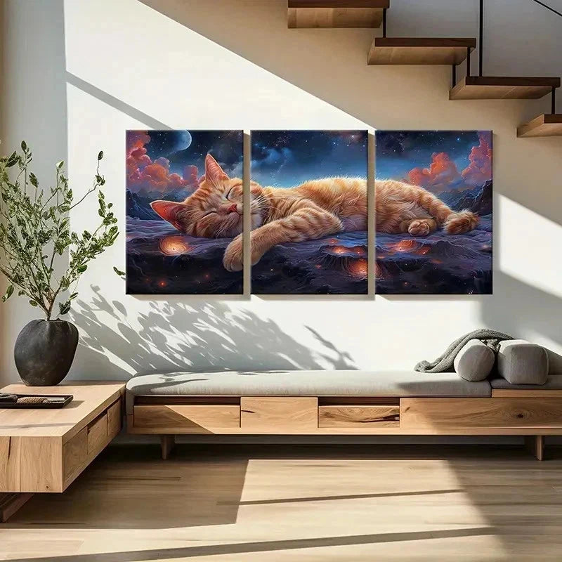 3pcs Slumbering Cat In The Stars Background Wall Art Set Canvas Framed 60x90cm - High Quality Print 100% Australian Made Wall Canvas Ready to Hang