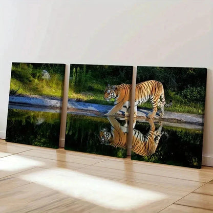 3pcs Tiger Walking By The Lake Wall Art Set Canvas Framed 50x70cm - High Quality Print 100% Australian Made Wall Canvas Ready to Hang