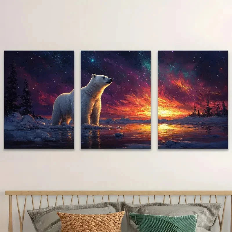 3pcs Arctic Polar Bear Northern Lights & Aurora  Wall Art Set Canvas Framed 60x90cm - High Quality Print 100% Australian Made Wall Canvas Ready to Hang - Bella Home Decor