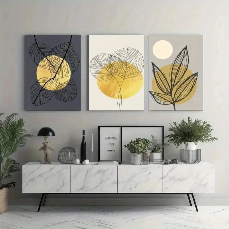3pcs Abstract Leaves, Golden Sun, Line   Wall Art Set Canvas Framed 40x60cm - High Quality Print 100% Australian Made Wall Canvas Ready to Hang - Bella Home Decor