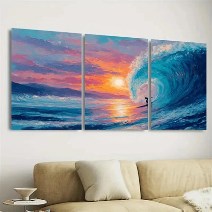 3pcs Sunset Surfer Coastal Wall Art Set Canvas Framed 50x70cm - High Quality Print 100% Australian Made Wall Canvas Ready to Hang