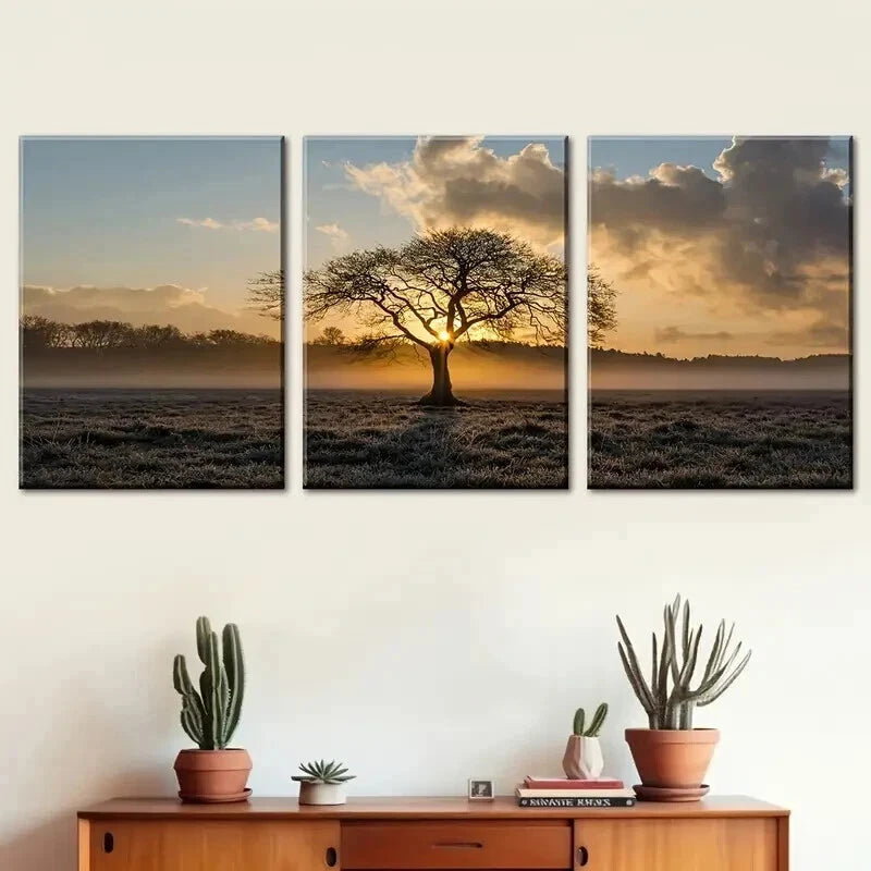 3pcs Tree Of Life On Prairie Sunset Landscape Wall Art Set Canvas Framed 60x90cm - High Quality Print 100% Australian Made Wall Canvas Ready to Hang - Bella Home Decor